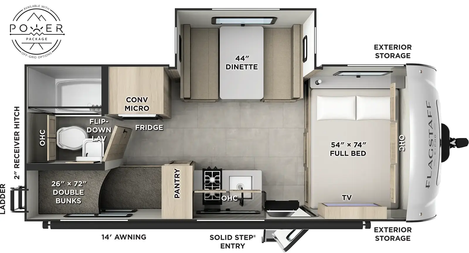 The Flagstaff E-Pro E20BH floorplan has one entry and one slide out. Exterior features include: fiberglass exterior and 14' awning. Interiors features include: bunk beds and front bedroom.